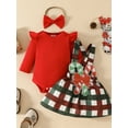 thumbnail image 4 of Baby Toddler Girl Christmas Outfit, 0 3 6 9 12 18 Months Ruffle Long Sleeve Ribbed Romper Candy Cane Patch Suspender Skirt Bow Headband, 4 of 9