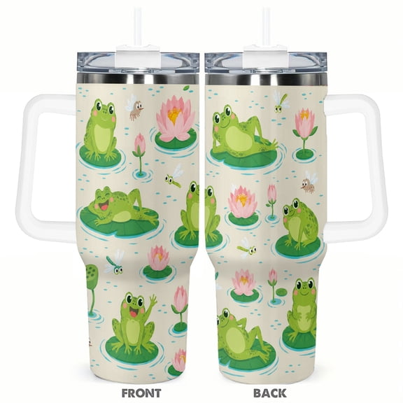 40oz Cute Frog Lily Pad Travel Tumbler with Handle and Straw Lid Pink Lotus Insulated Car Coffee Cup Gift for Women