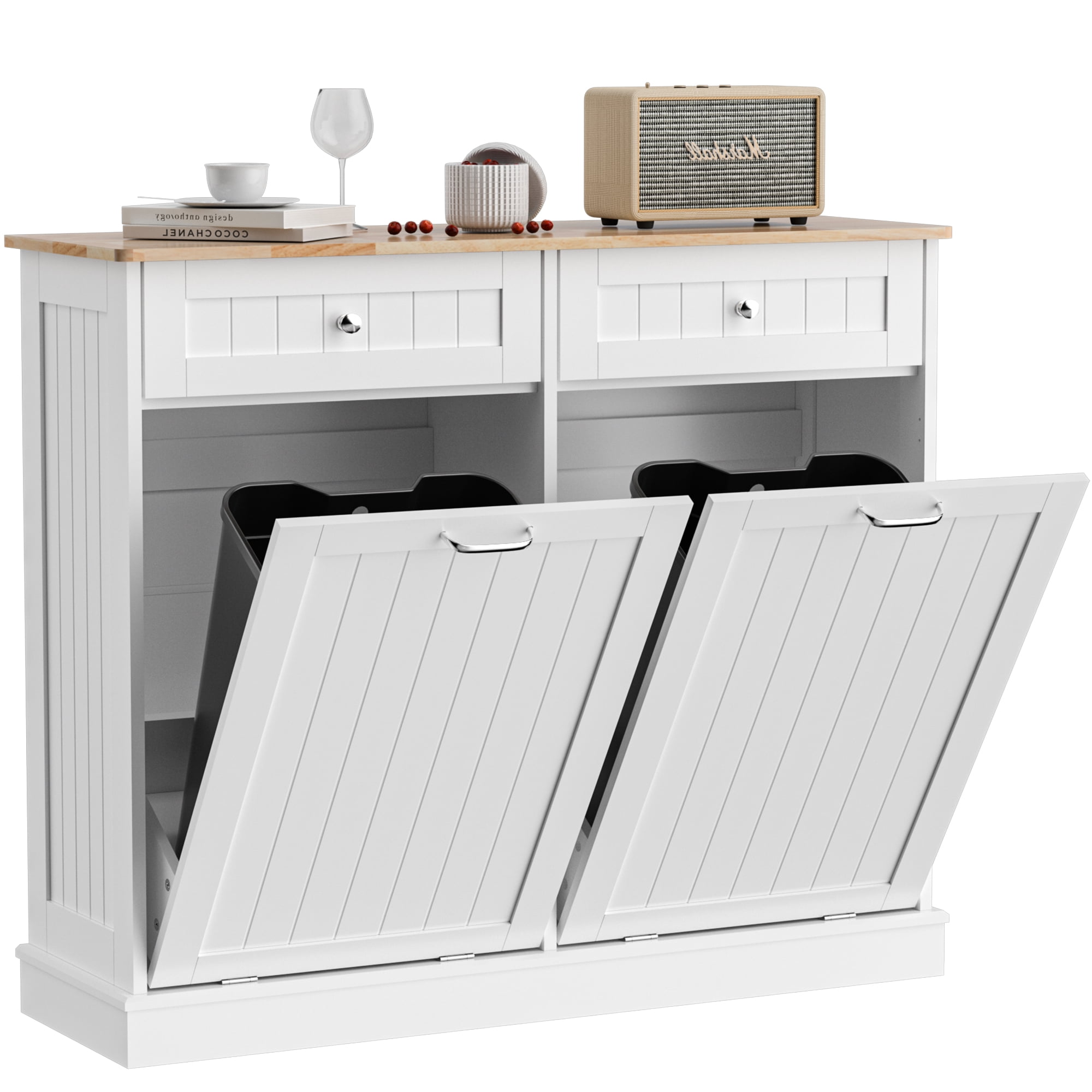 HARIPUL Double Tilt Out Trash Cabinet, 26 Gallon Trash Can Cabinet with Drawers & Handles for Kitchen, White/Light Brown Top