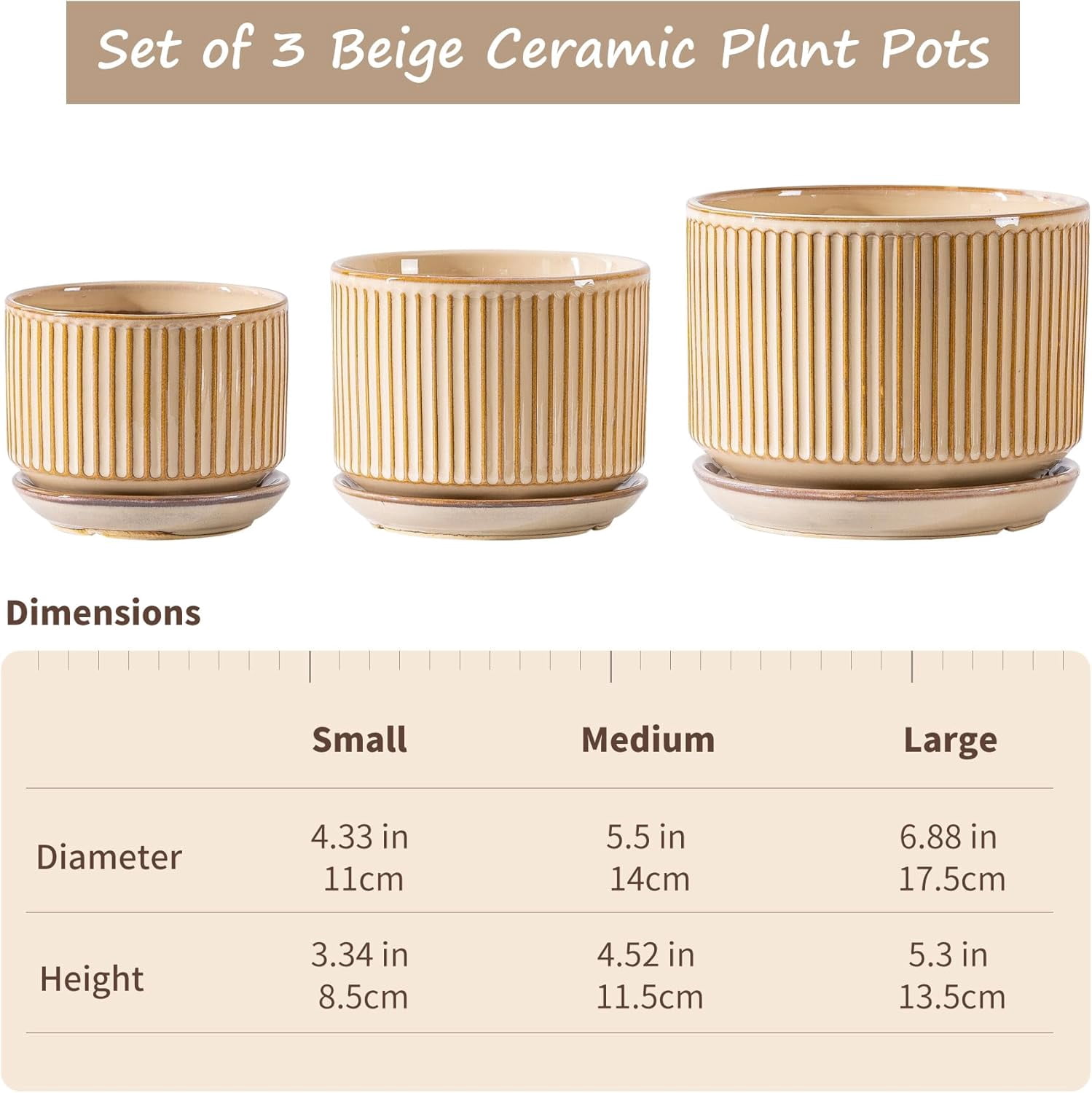 Set of 3 Speckle Gray Ceramic Plant Pots, 4.3+5.5+6.7 Inch with Drainage Hole, Saucer & Hole Pads, Striped Decorative Planter for Indoor Plants and Gardening