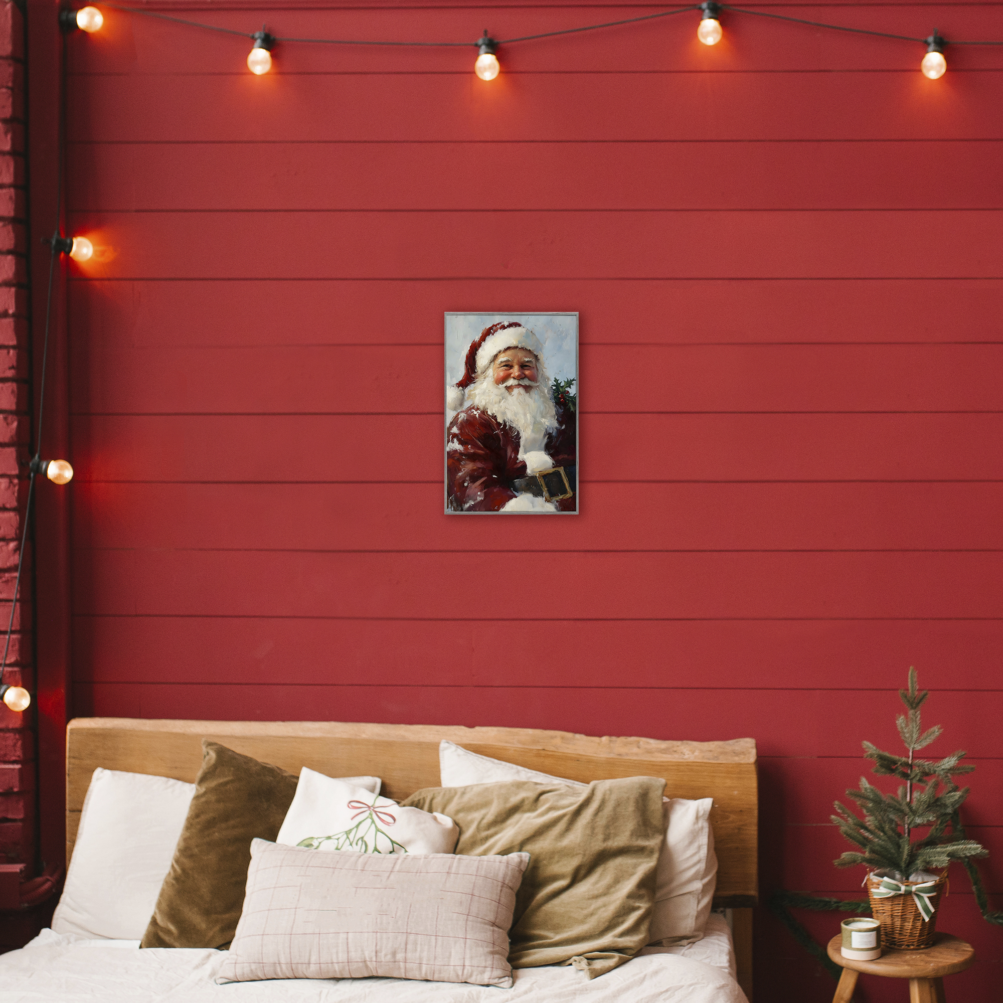 Rosy Cheeked Santa Smile Gray Framed Giclee Art, design by Petal Prints Design