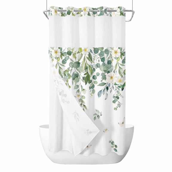 No Hook Sage Green Eucalyptus Leaves Shower Curtain with Snap in Liner Set, Spring Floral Weeping Botanical Waterproof Bathroom Curtains with See Through Top Window, Hotel Style Stall 54 x 78 Inch