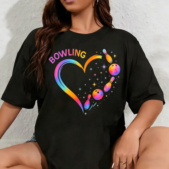 100% Cotton Unisex Bowling Heart Colorful Bowling Pin Lovers Bowler Women Girls T-Shirt