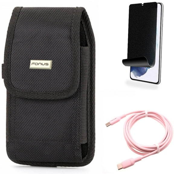 For Samsung Galaxy S21 (6.2") - Holster Swivel Case Belt Clip   PD Fast Charger USB-C to Type-C Pink 10ft Long Cable   [Fingerprint Works] TPU Film Privacy Screen Protector