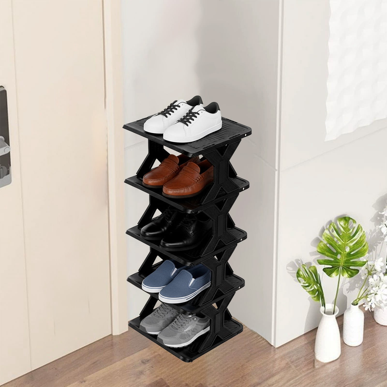 RKSTN Shoe Rack - Vertical Shoe Organizer for Small Spaces, Tall Narrow Shoe Storage Shelf for Closet Entryway Corner Garage and Bedroom, Free Stackable DIY - Space Saving Storage (5-Tier, Black)