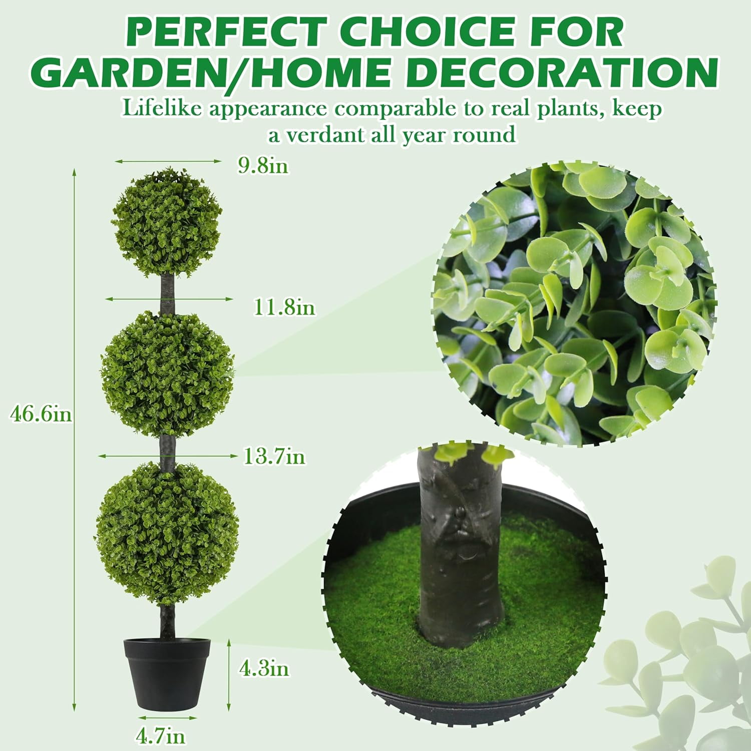 Bibana 2 Pack 4FT Artificial Topiary Ball Tree, Set of 2 Faux Triple Boxwood Shrubs in Pot, Realistic UV Resistant Fake Plants for Outdoor Front Door, Porch, Patio, Garden & Indoor Decor