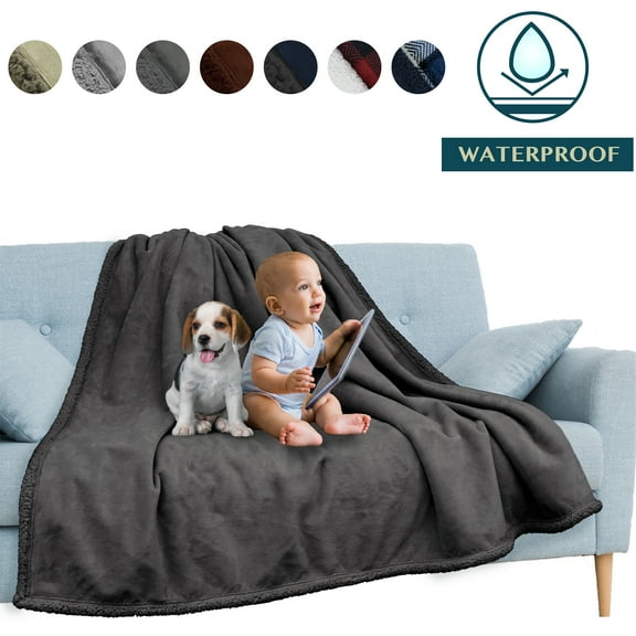 PAVILIA WATERPROOF Blanket For Couch, Sofa | Waterproof Dog Blanket for Large Dog, Puppy, Cat | Pet Blanket Protector | Plush Soft Warm Fuzzy Sherpa Blanket Bed Throw, Dark Grey, 90x90