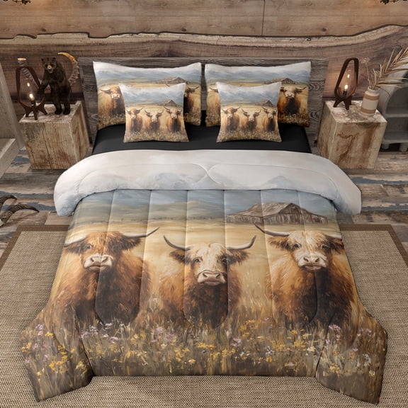 Manfei Rustic Highland Cattle 7-Piece Twin Bedding Sets,Country Farmhouse Lodge Bedding Comforter Set,Old Barn Door Sheet Sets For Boys,Super Cozy Room Decor Reversible