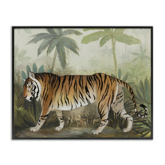 Stupell Industries Prowling Tiger in Forest Landscape Painting Black Framed Art Print Wall Art, 14 x 11