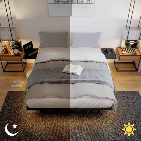 uhomepro Full Size Floating Metal Platform Bed Frame with LED Lights & Charging Station, Black Modern Bed Frame with Bedside Shelves, No Box Spring Needed