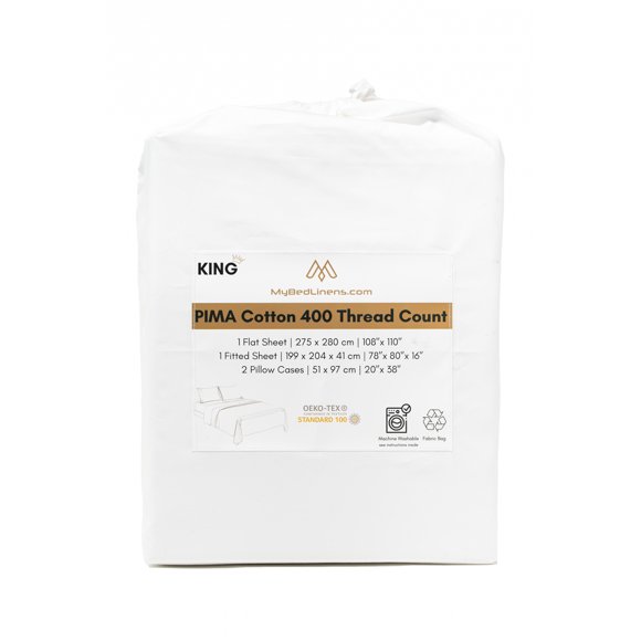 My Bed Linens 400 TC PIMA Cotton, Sateen Weave, Egyptian Cotton Quality, OekoTex Certified , White, King Size, Breathable & Long Lasting