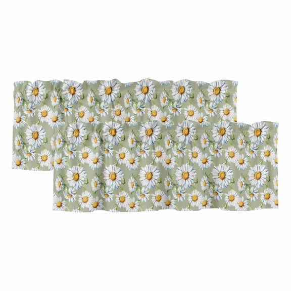 White Daisy Curtain Valances for Windows, Kitchen Valance Window Treatments Panel 2 Pack, Sage Green Botanical Flowers Floral Country Rod Pocket Short Curtains for Bathroom Bedroom 42 x 12 Inch