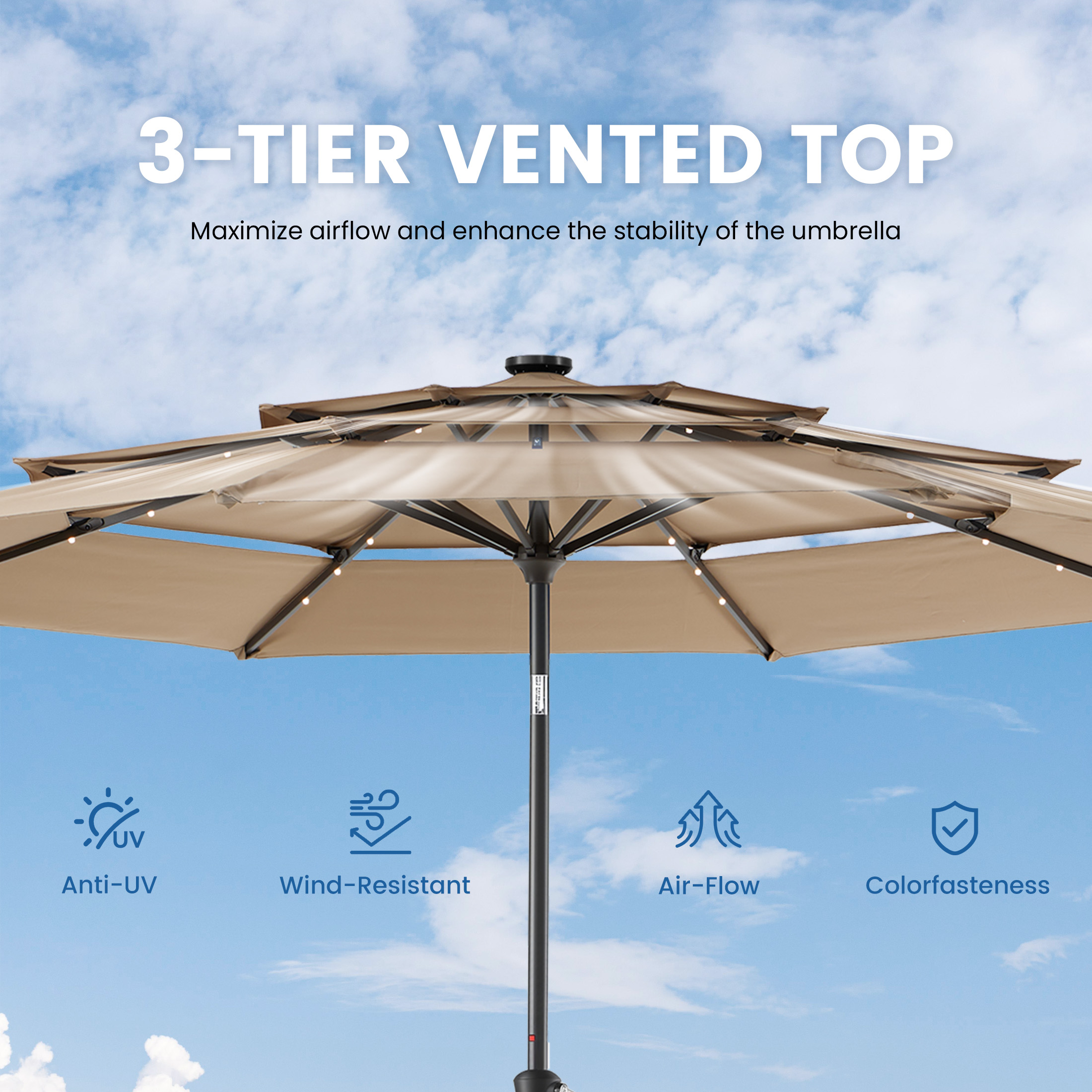 edx 10 Ft Solar LED Patio Umbrella With Tilt, Khaki photo 5