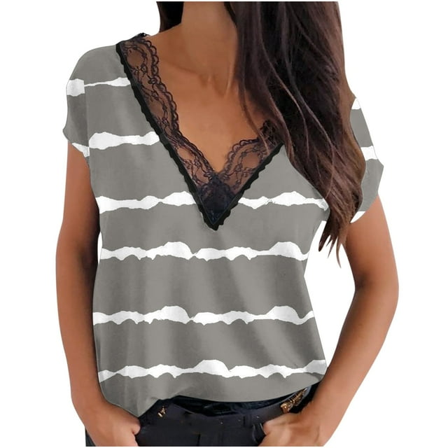 Blusa de encaje estampada con mangas raglán y manga corta con cuello en V para mujer Pompotops hkajfhjk466624