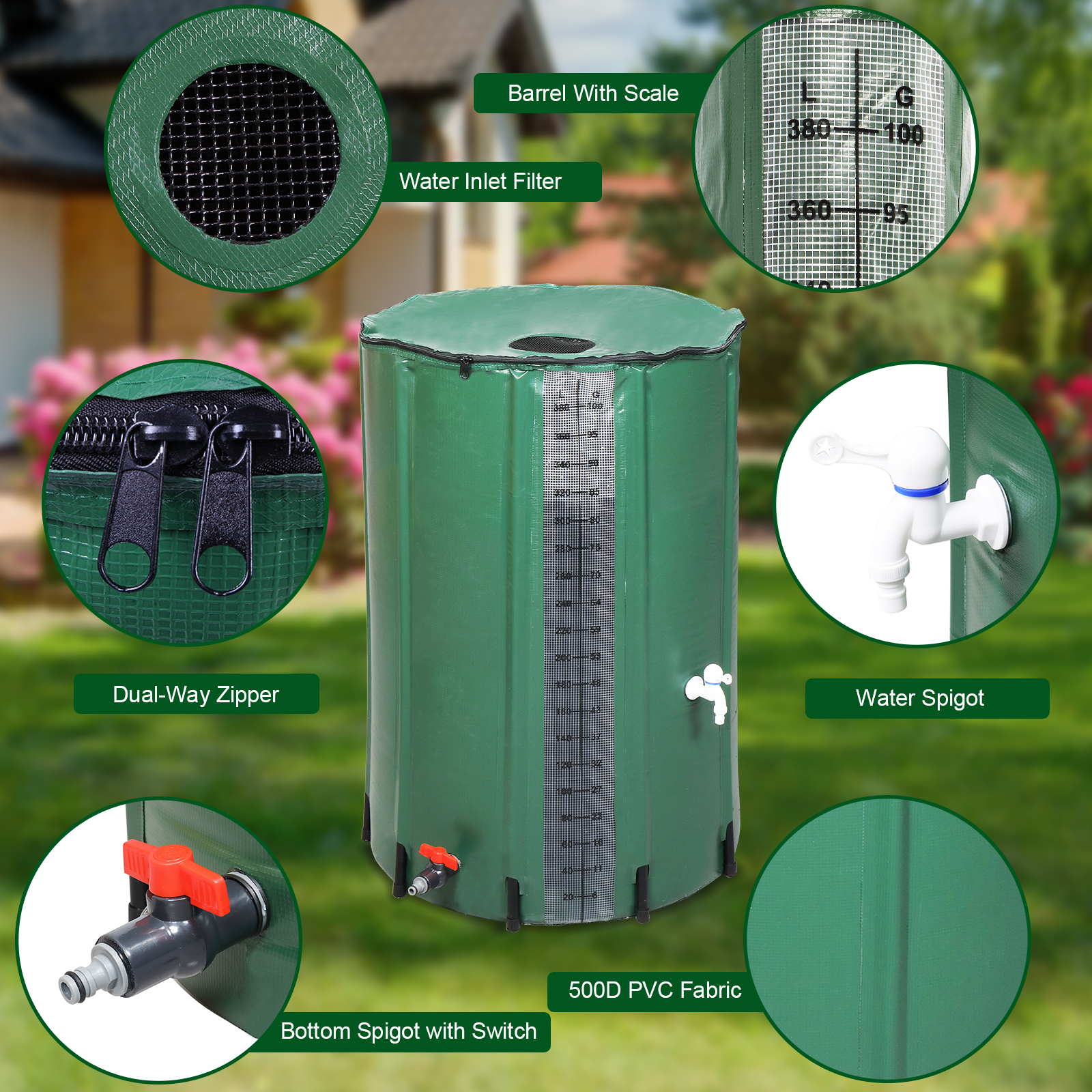 100 Gallon PVC Rain Barrel With Measuring Scale, Green