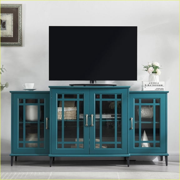 TV Furniture 62” TV Stand Buffet Sideboard Cabinet, Teal Blue | MDF Glass | Primary Living Space