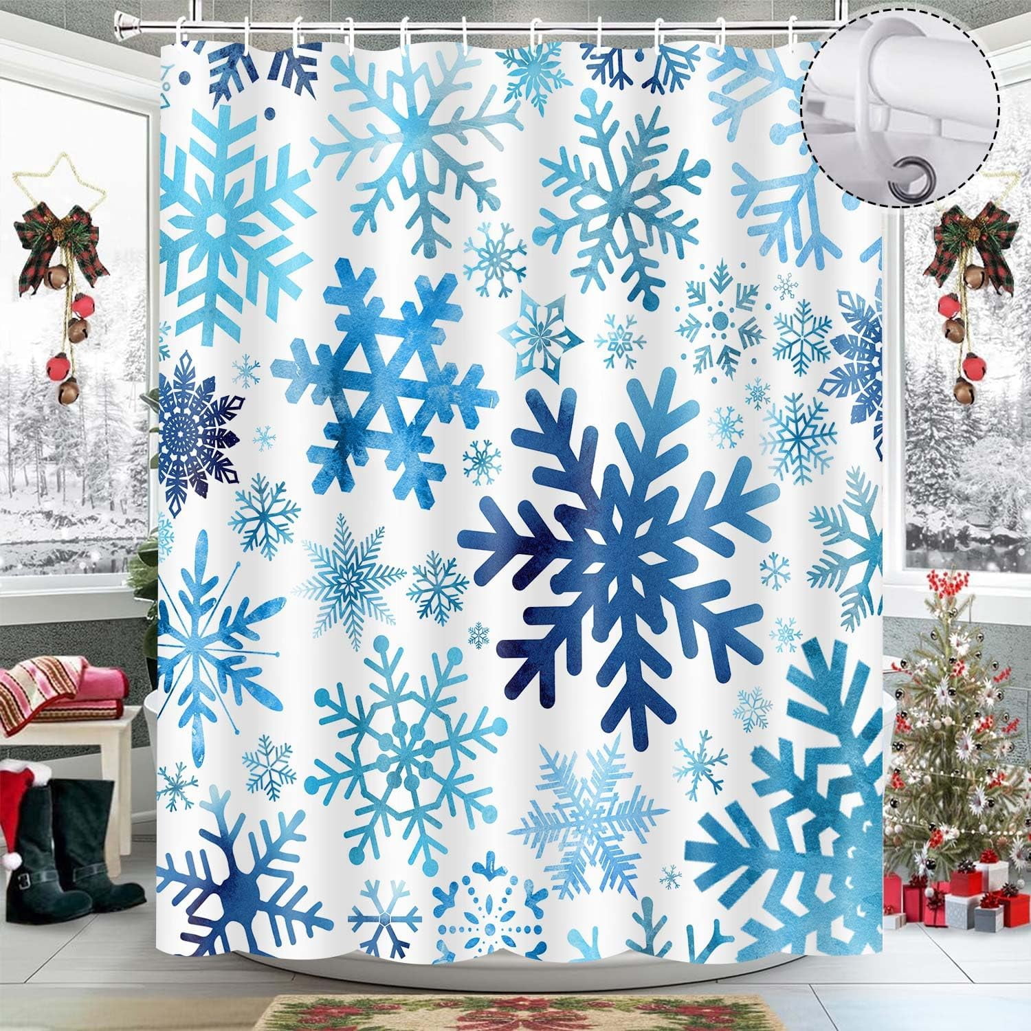 Christmas Shower Curtain Blue Snowflake Holiday Shower Curtain for Bathroom Decor, Fun Cute Festive Winter Bathroom Accessories 70X70IN Blue