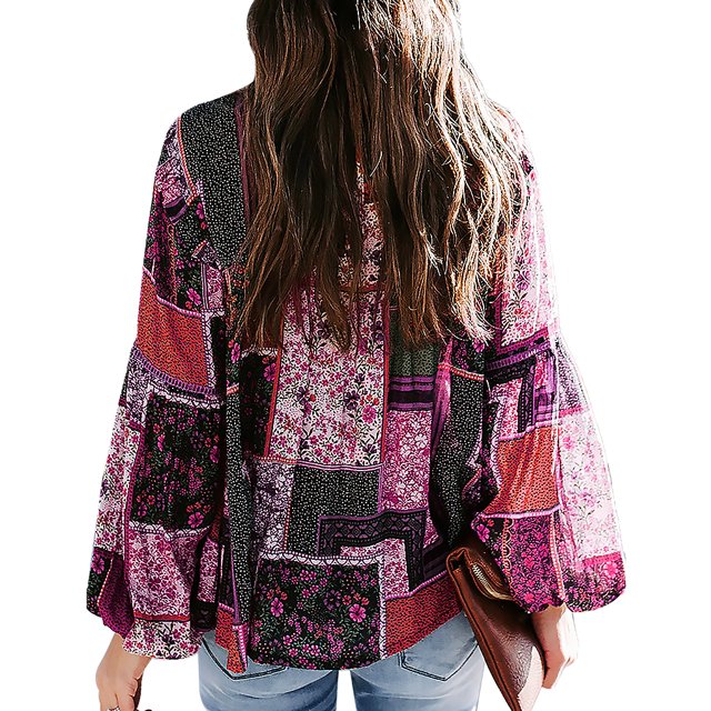 Camisa de manga larga Mujer Blusa de manga abullonada con estampado bohemio Top, XL, Rosa roja seitruly AP000088-09B