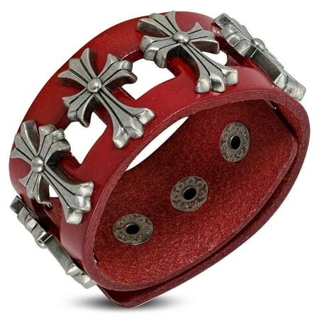 - Genuine Red Leather Fleur De Lis Flower Stud Snap Wristband Bracelet