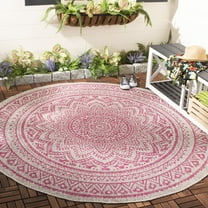 SAFAVIEH Courtyard Josiah Floral Medallion Indoor/Outdoor Area Rug, 6'7" x 6'7" Round, Light Grey/Fuchsia