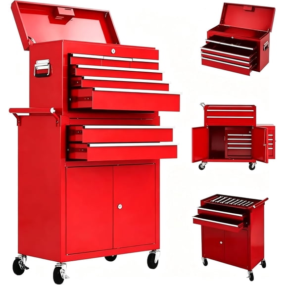 8-Drawer Rolling Tool Cabinet with Detachable Toolbox Red Tool Chest on Wheels for Garage Workshop
