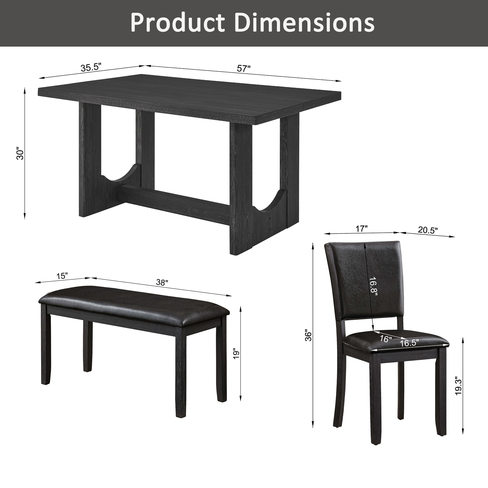 6-Piece Dining Table Set for 6, 57" Wood Rectangular Kitchen Table with 4 PU Leather Chairs & Bench