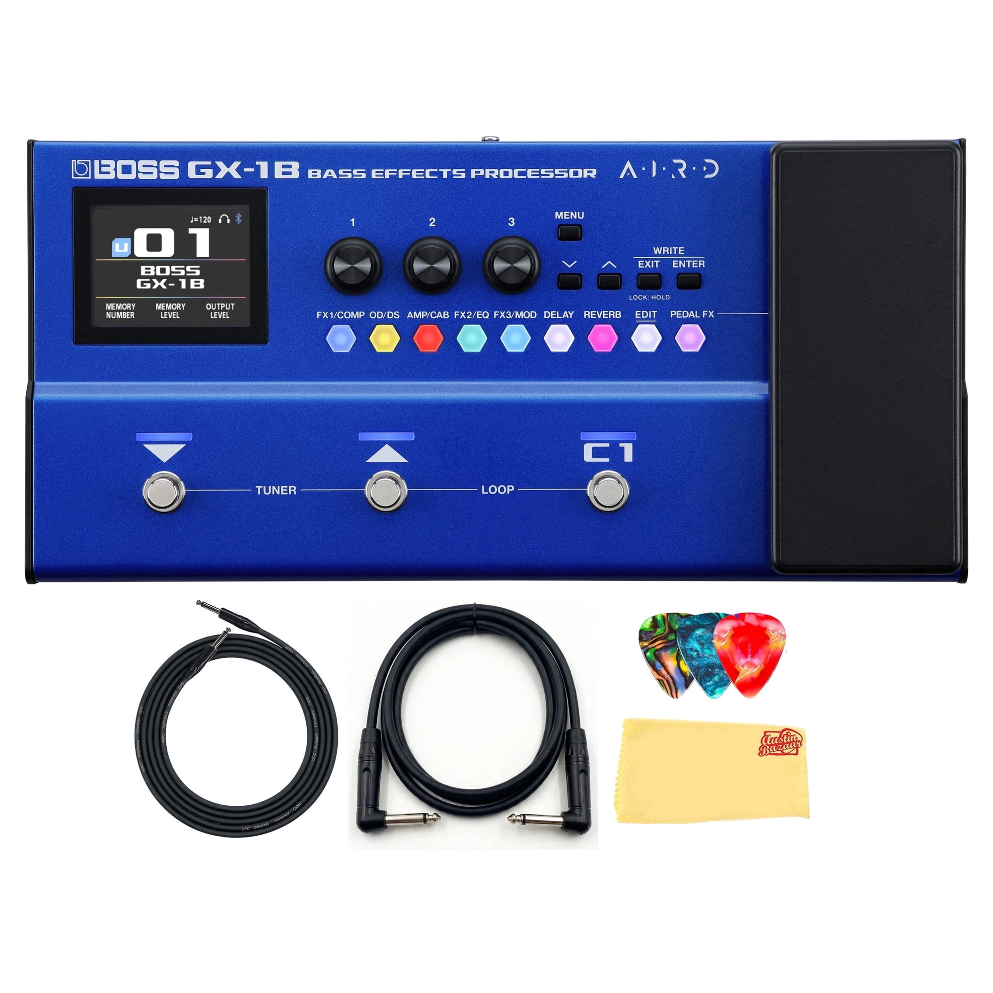 Boss GX-1B Bass Effects Processor Bundle with Gearlux Instrument & Patch Cable Picks and Austin Bazaar Polishing Cloth