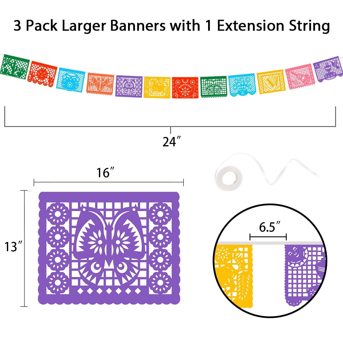 9 pack Mexican Banner - 198FT(22FTx9) Papel Picado Banners - 12