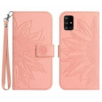Mantto for Samsung Galaxy A71 5G 6.7 inch Wallet Case with Wrist Strap,Stylish Sunflower Embossed PU Leather Shockproof Protective Magnetic Clasp Flip Stand Card Slots Phone Cover,Pink