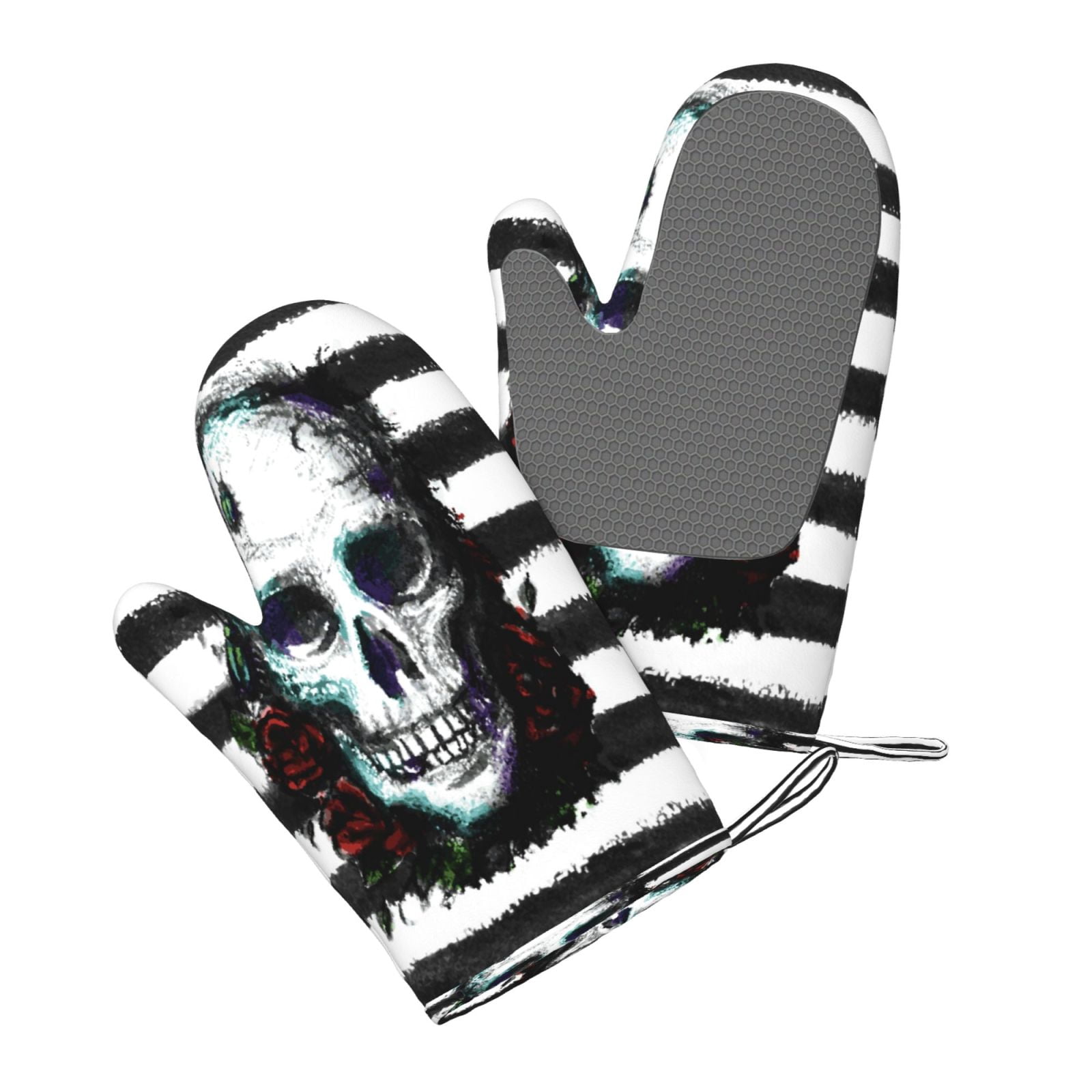 Hirioo Watercolor Skull for Silicone Oven Mitts for BBQ, Baking, Cooking, Set of 2, Heat Resistant 260℃, Non-Slip Kitchen Essentials
