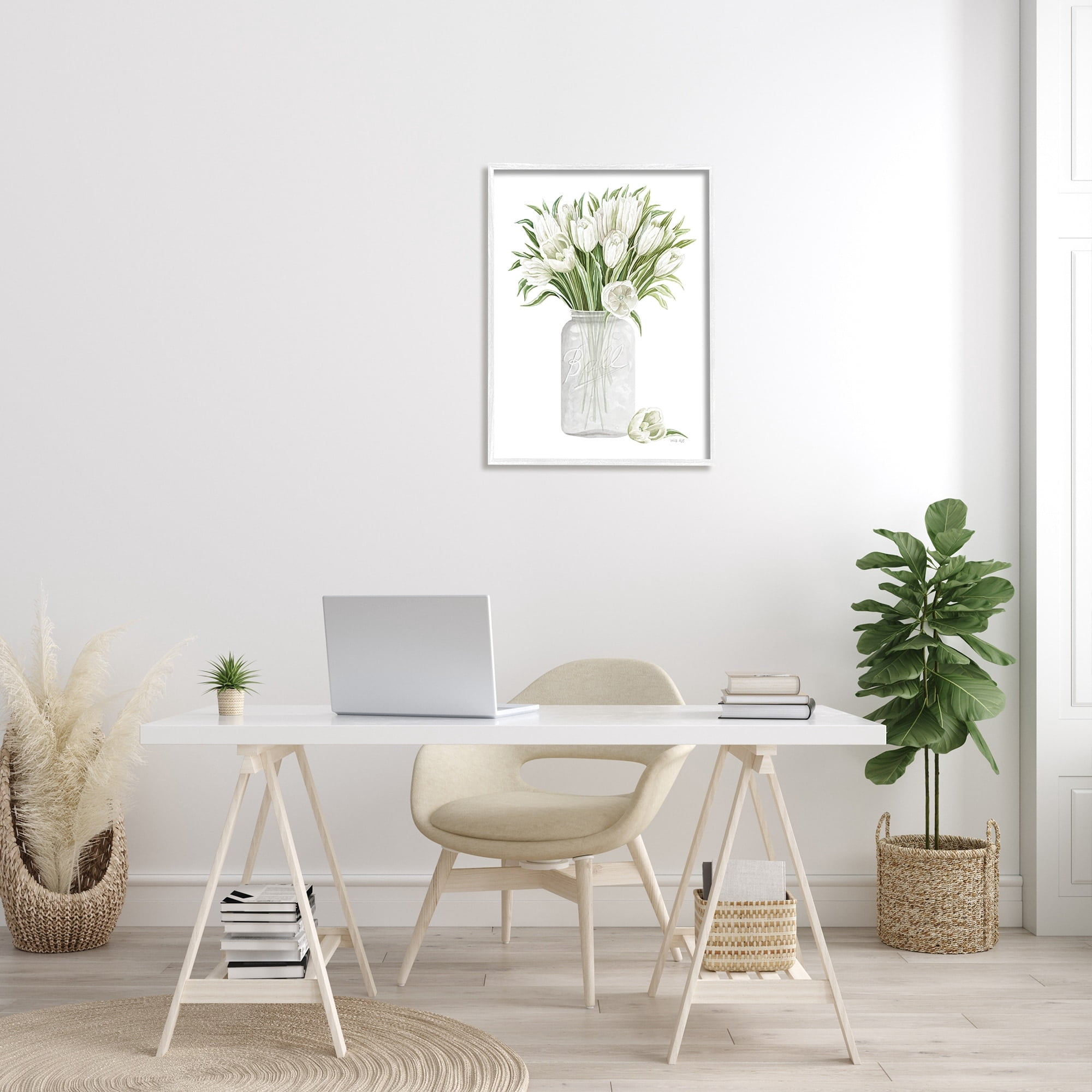 Stupell Industries White Tulips Rustic Country Jar Falling Blooms Painting White Framed Art Print Wall Art, Design by Cindy Jacobs