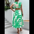 thumbnail image 4 of Vestido de Verano para Mujer, Estampado Floral, Mangas Murciélago Recortadas, Cuello Redondo, Corte A, Cintura Alta, Midi Verde L, 4 of 7