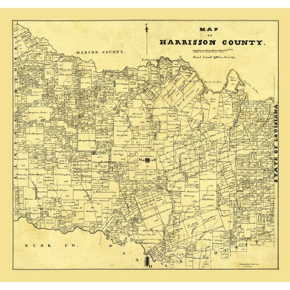 Historic County Map- Harrison County Texas - General Land Office 1871 - Vintage Wall Art
