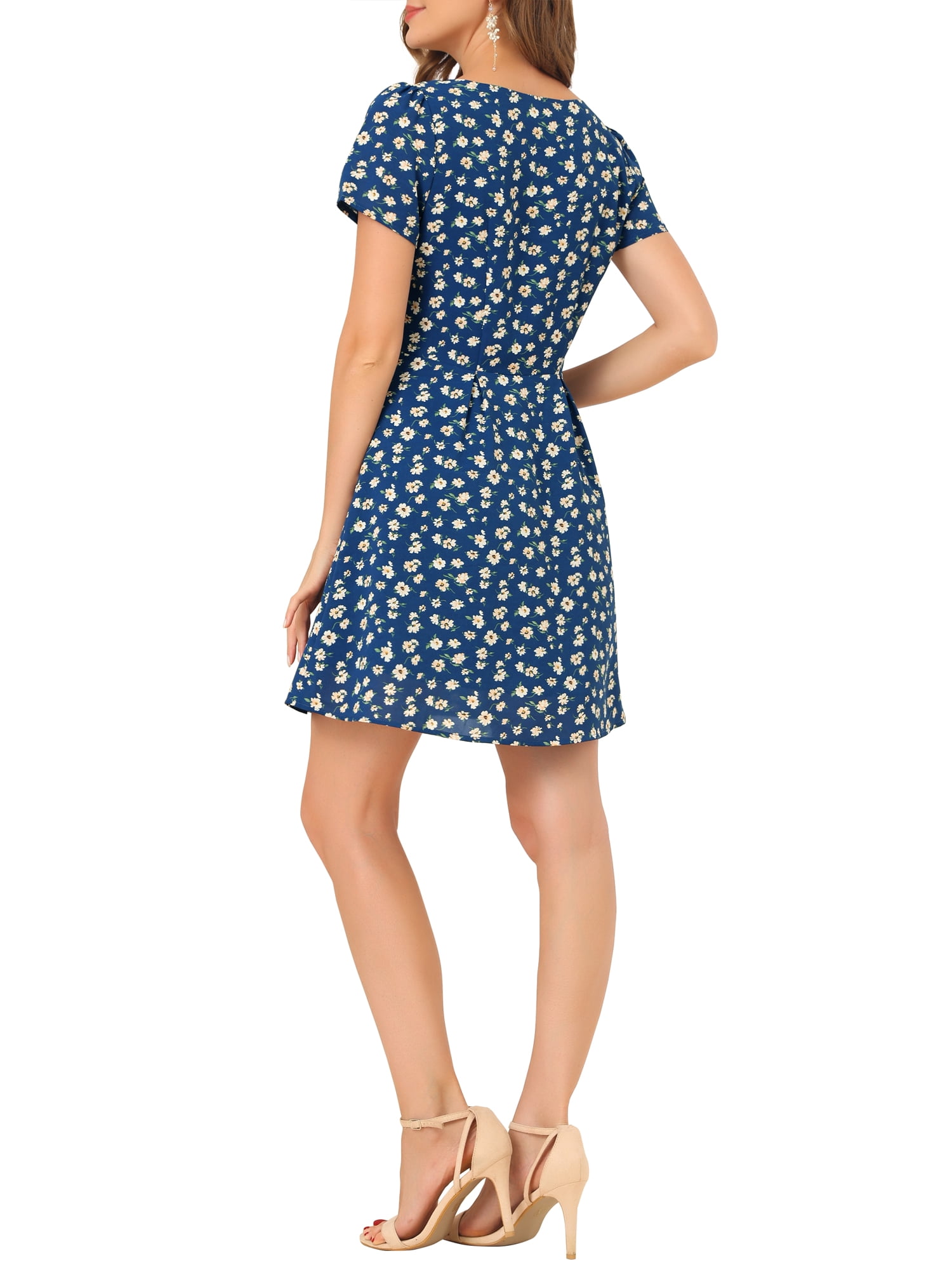 DARING DIVA Square Neck Short Sleeve Print A-Line Dress L Blue-Floral