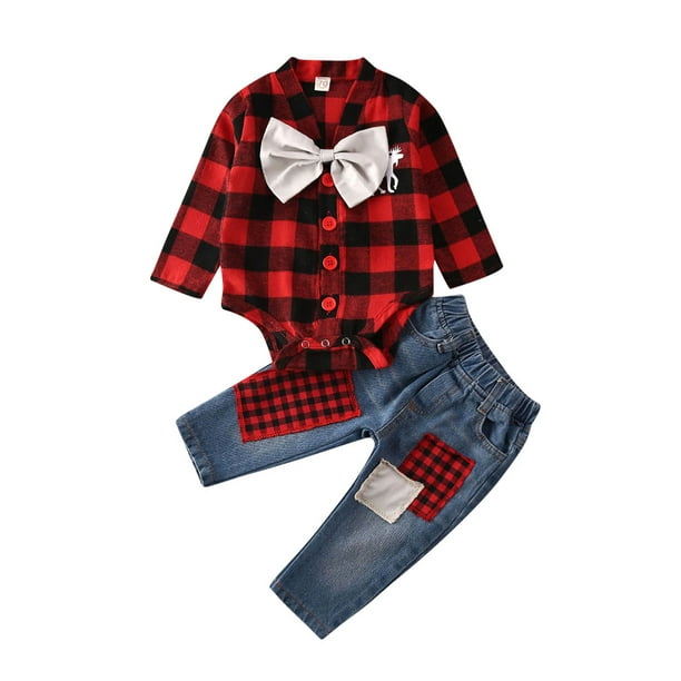 Xingqing Xingqing Christmas Boy Outfits Deer Tops Denim Jeans Cotton Blend Red 18 24m Walmart Com Walmart Com