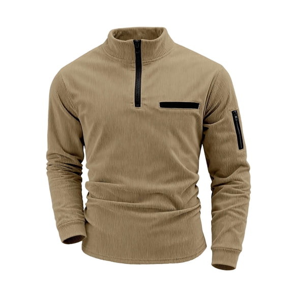LEKWK 1/4 Zip Pullover Men Ribbed Knit Mock Neck Athletic Shirts Zipper Arm Pocket Casual Shirts Solid Warm Outdoor Hiking Thermal Clothes