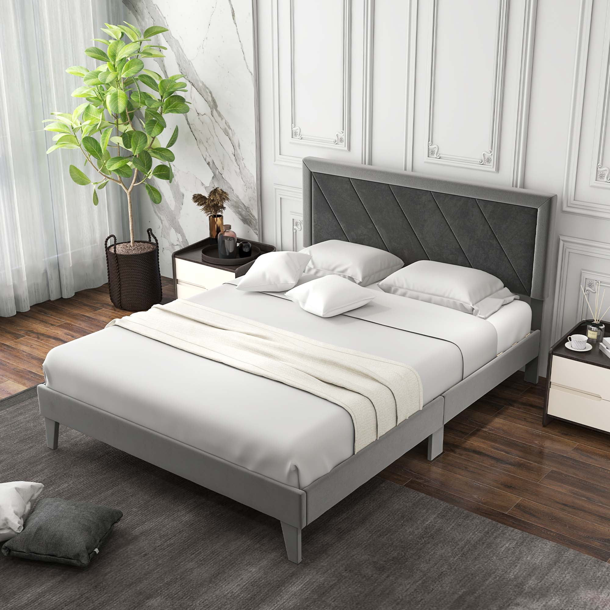 Costway Queen Size Bed Frame Upholstered Platform Velvet Headboard Wooden Slats Gray