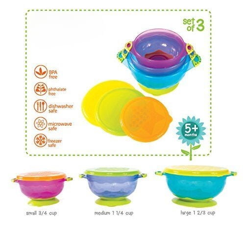 Baby Bowls - Set of 3 Stay Put Suction Bowls with Lids - Feeding Bowl Snack Time