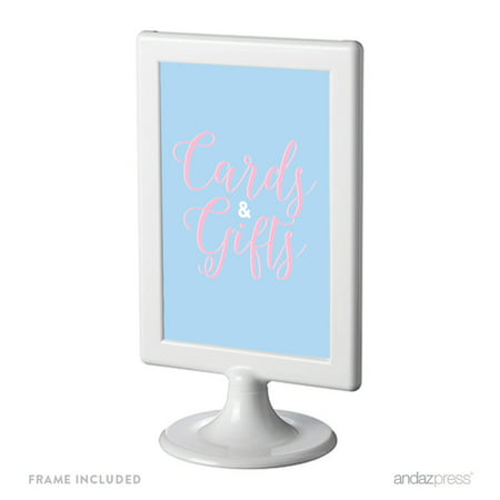 Signature Pink and Blue Gender Reveal Baby Shower, Framed Party Sign, Cards & Gifts, 4x6-inch Double-Sided