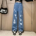 thumbnail image 2 of Hessimy Girls Ripped Jeans Elastic Waist Denim Pants Teens Baggy Wide Leg Distressed Jeans With Pockets Kids Streetwear Summer Pantsv Wide Leg Pants (Blue,130.00), 2 of 6