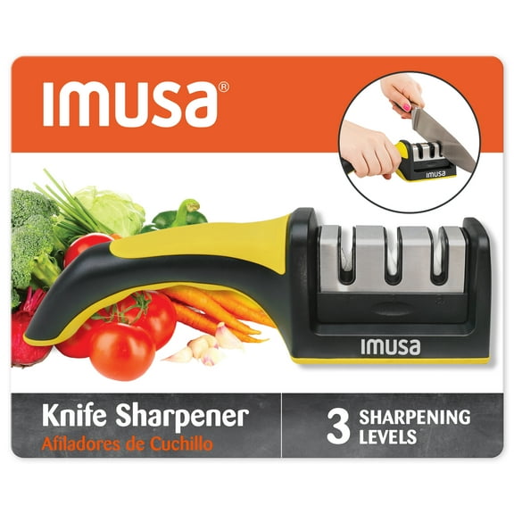 IMUSA Knife Sharpener, 3-Stage Manual Kitchen and Pocket Knife Sharpener, Stainless Steel