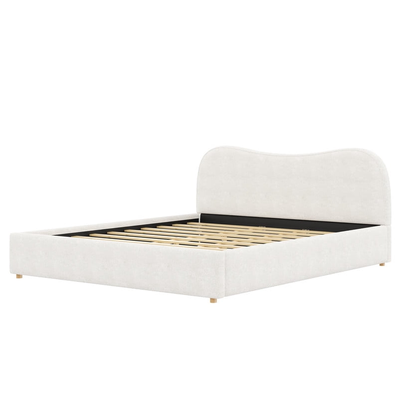 King Size Boucle Upholstered Platform Bed with Wooden Slats, Short Legs Low-Profile Bed Frame with Curved Headboard