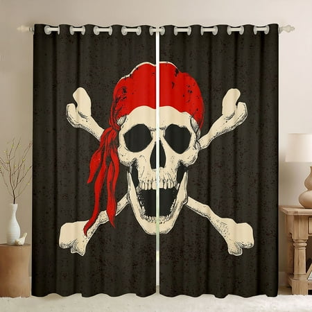 Homewish Abstract Skull Curtains Pack of 2 (42x84 Each) for Boys Girls Gothic Style Curtains Blackout Retro Vintage Bedroom Curtains Super Cozy Room Decor