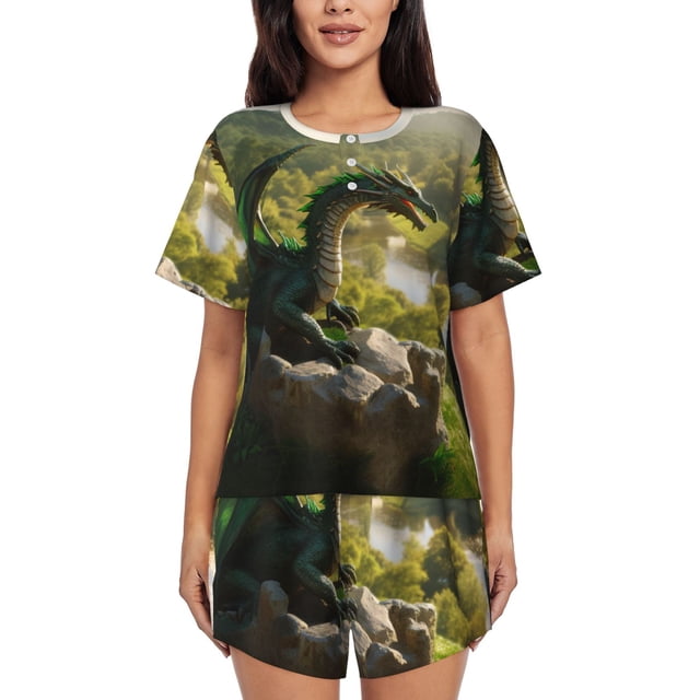 Fotbe Deep Forest Stone Green Dragon Conjunto de Pijama Estampado para Mujer, 2 Piezas, Ropa de Dormir con Camiseta de Manga Corta y Shorts Suaves-3X-Large