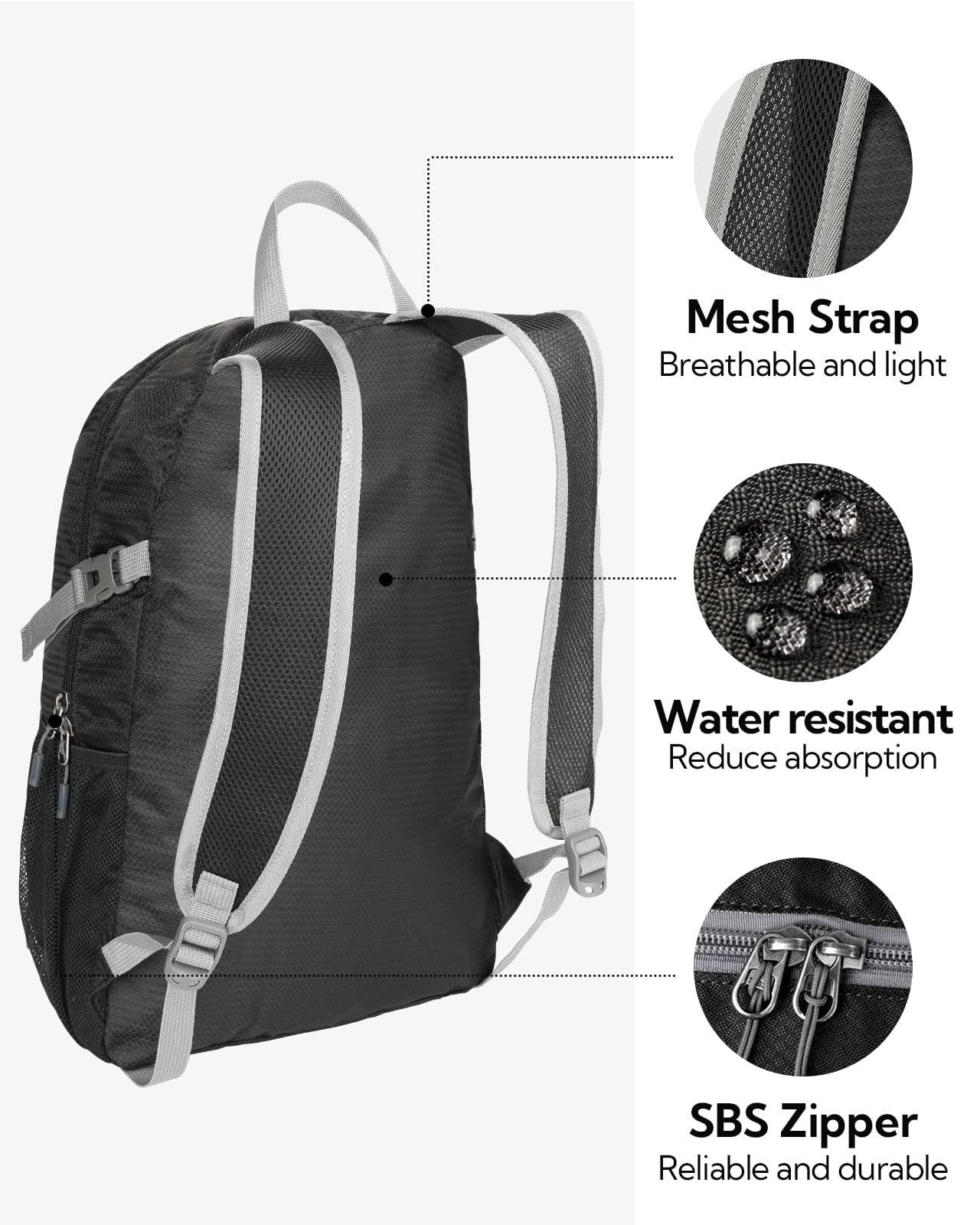 WATERFLY Unisex 20L Small Foldable Packable Travel Hiking Nylon Backpacks Daypack,Black