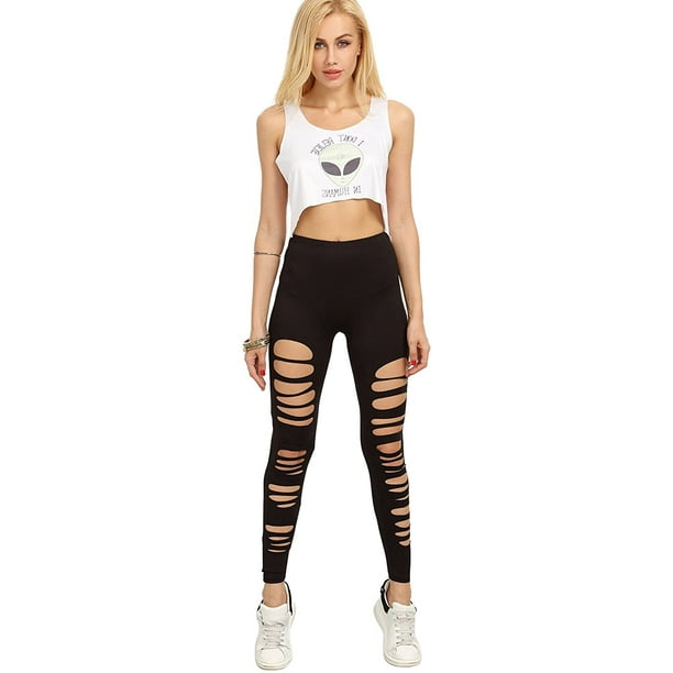 Women's Plus Size High Waist Solid Cutout Ripped Skinny Leggings Yoga  Workout Pants 0XL(12)