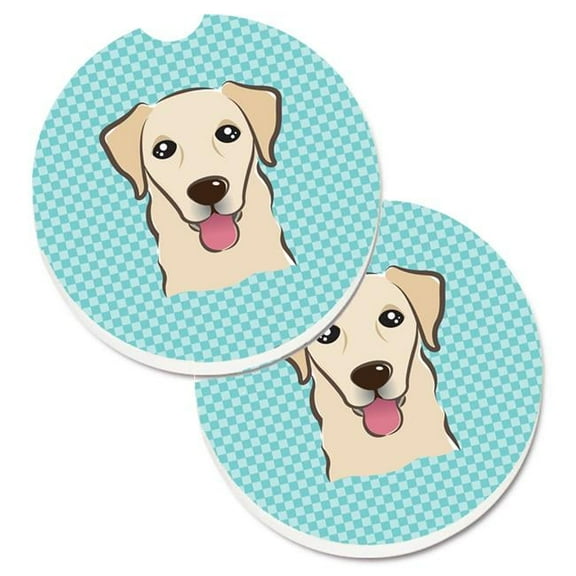 Carolines Treasures  Checkerboard Blue Golden Retriever Set of 2 Cup Holder Car Coaster - Blue