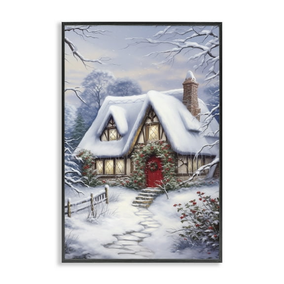 Stupell Industries Niveous Winter Cottage Holiday Painting Black Framed Art Print Wall Art, 12 x 18