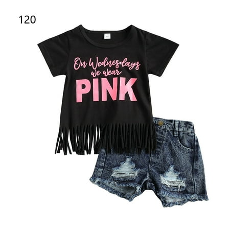 

Girl Clothes Outfit Kids Short Sleeve Tassel Jeans Top Shorts Tee T-shirt