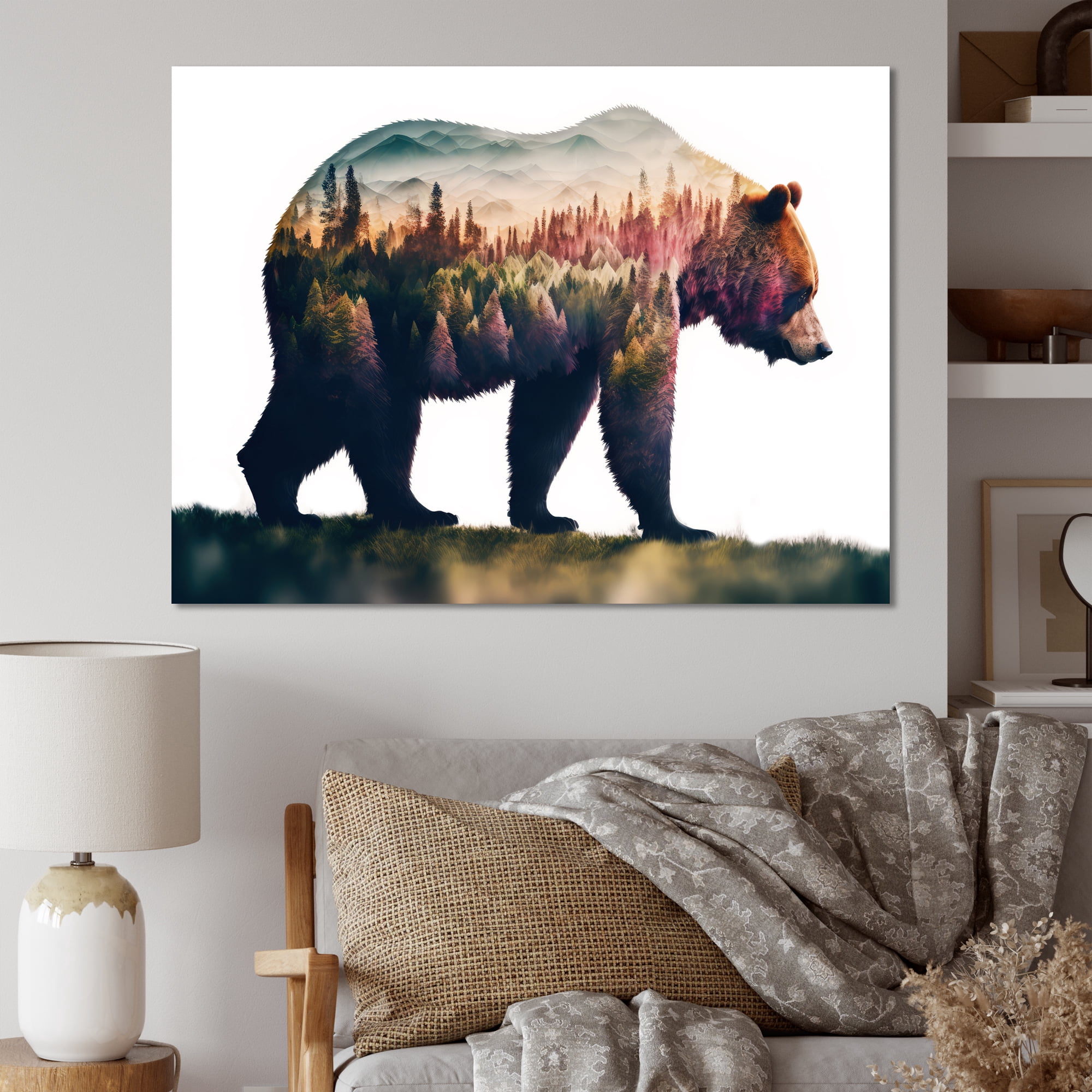 Designart Double Exposure Of A Bear With Forest IV Canvas Wall Art